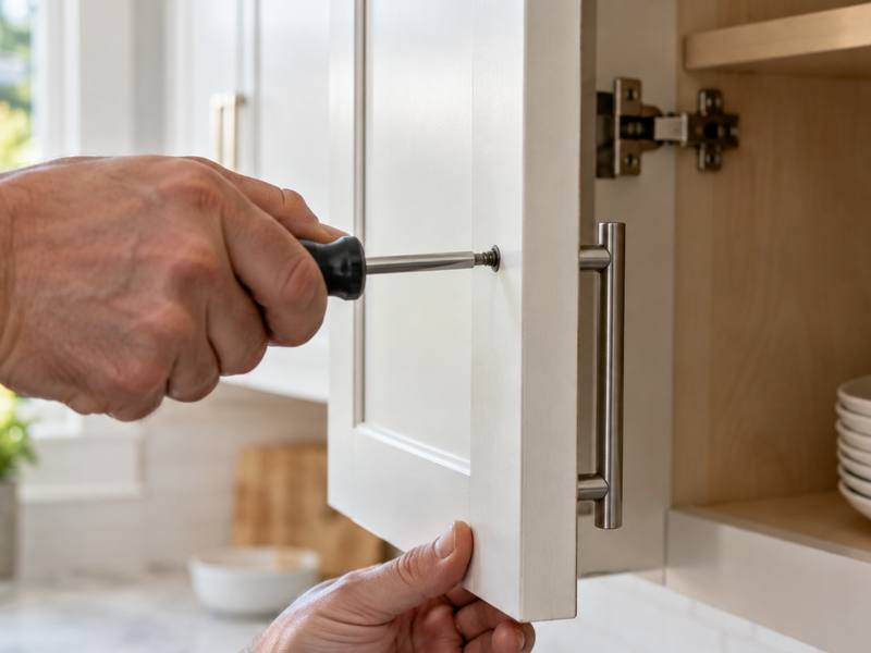 A screwdriver fixing a cabinet pull through the back of a painted door.