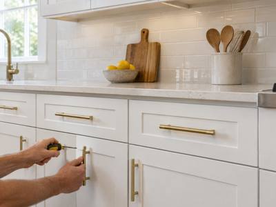 Hands fitting brass bar pulls onto white shaker drawers.