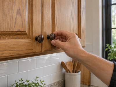 A hand fitting a bronze knob to an oak cabinet door.