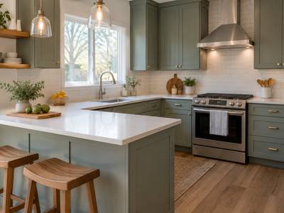 A sage green island with stools under pendant lights in a white Streetsville kitchen.