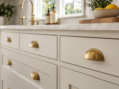 Cream painted drawers fitted with brass cup pulls.