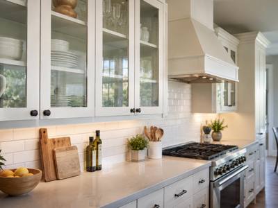 A white kitchen with glass-front upper cabinets and a range hood.