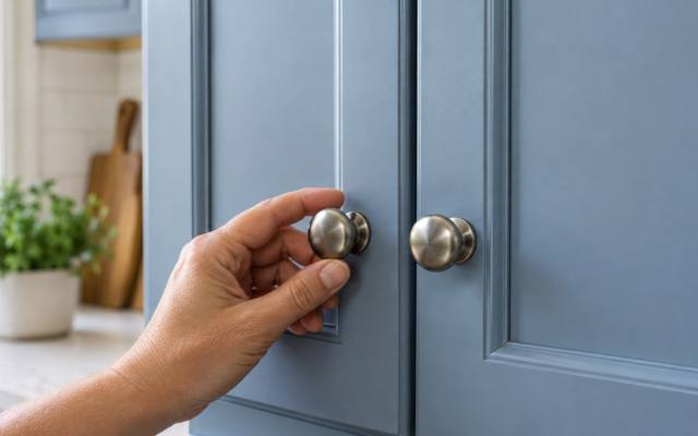 A hand turning a brushed nickel knob on a blue painted cabinet door.