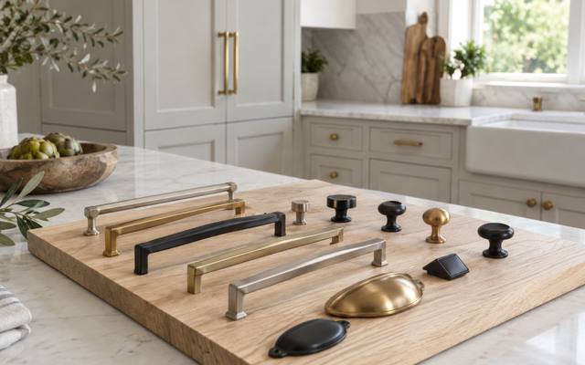 A board of cabinet handle and knob samples laid on a counter.