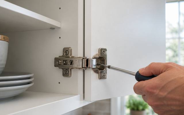 A screwdriver fixing a soft-close hinge inside a white cabinet.