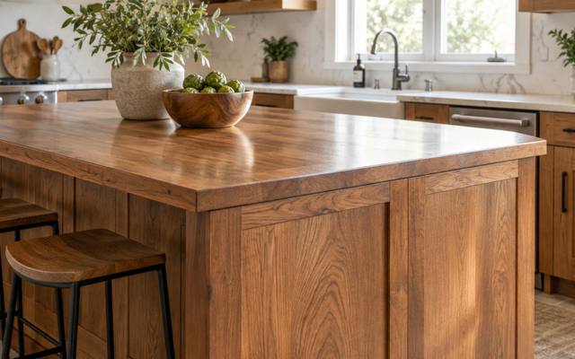 A refinished wood island with stools standing in a white kitchen.