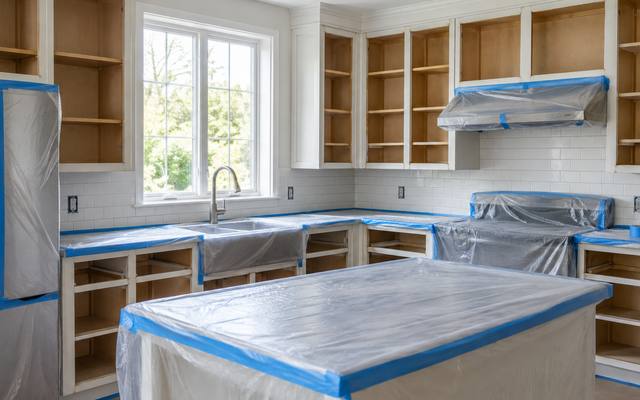 A kitchen with every door removed and the counters and island wrapped in plastic and tape.