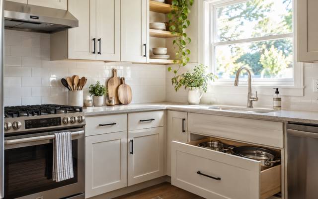 A compact white kitchen with a range and a deep drawer pulled open.