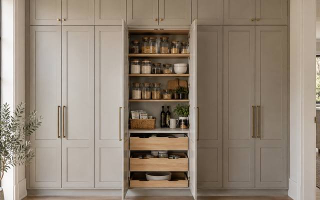 Light grey painted floor-to-ceiling pantry cabinets with one pantry door open.