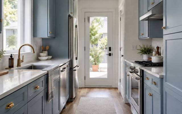 A blue-grey painted galley kitchen with cabinets running along both walls.