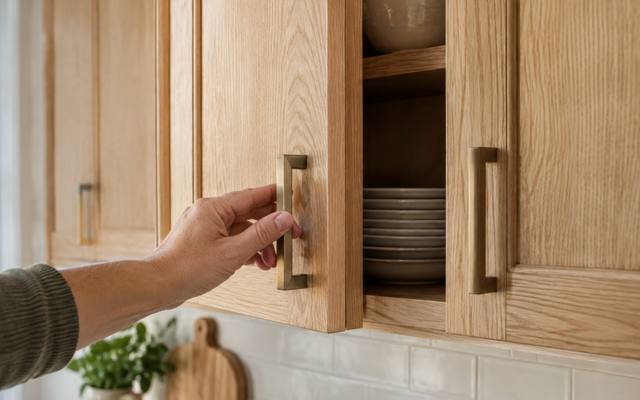 A hand opening a white oak upper cabinet with the wood grain showing.
