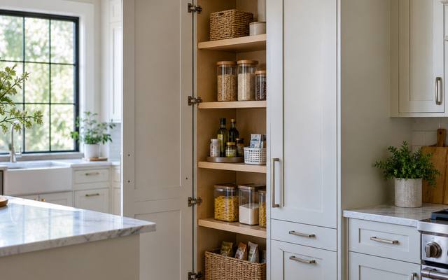 A tall pantry cabinet standing open with shelves of jars and baskets.