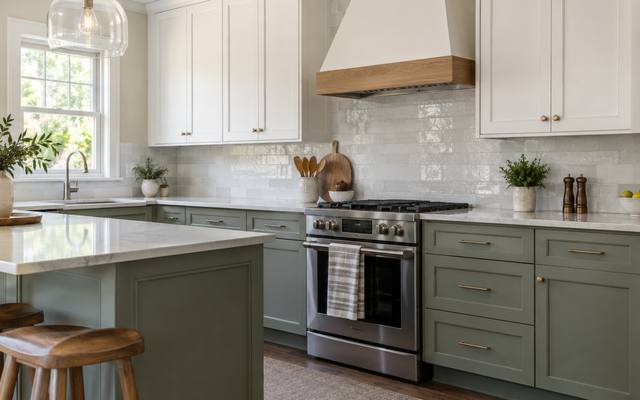 A two-tone kitchen with sage green lower cabinets under white uppers.