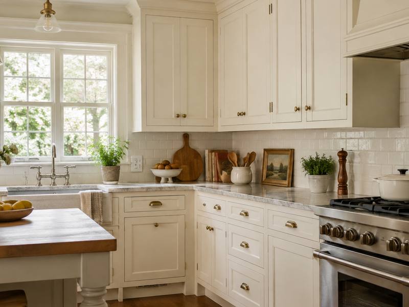 A cream painted kitchen with a butcher-block island and a range.